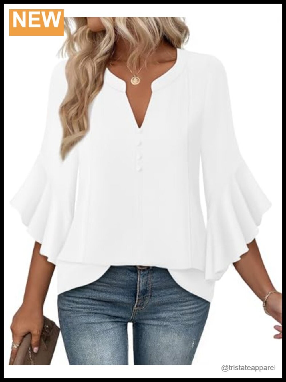 Womens Dressy Casual Chiffon Blouse 3/4 Sleeve Ruffle Henley V-Neck with Buttons